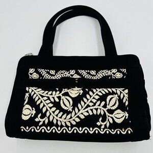 Vera Bradley Black Microfiber Quilted Embroidered Purse Double Handle Vintage